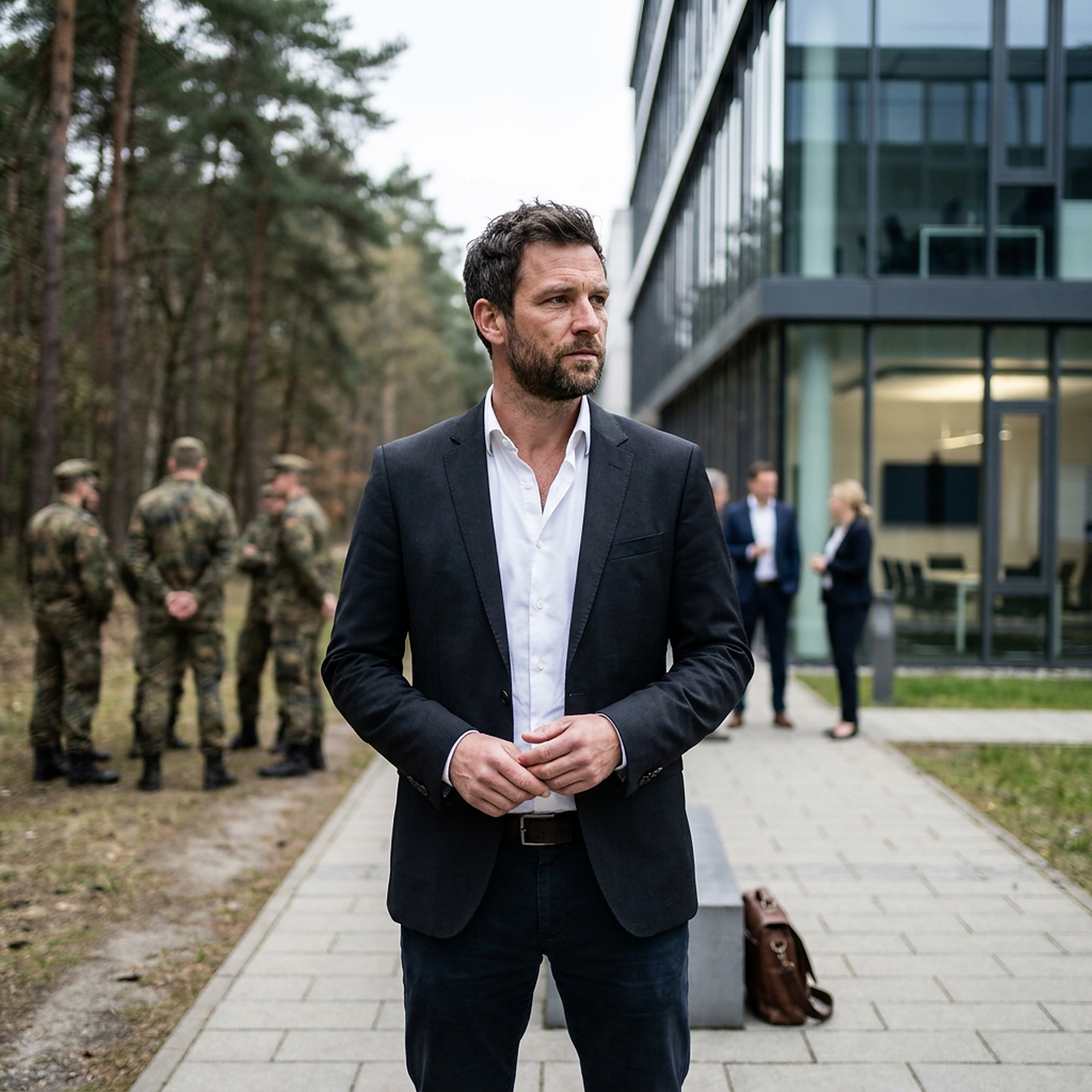 Ehemaliger Soldat im Sakko zwischen Kaserne und Bürogebäude: der Wechsel in die zivile Führungsrolle