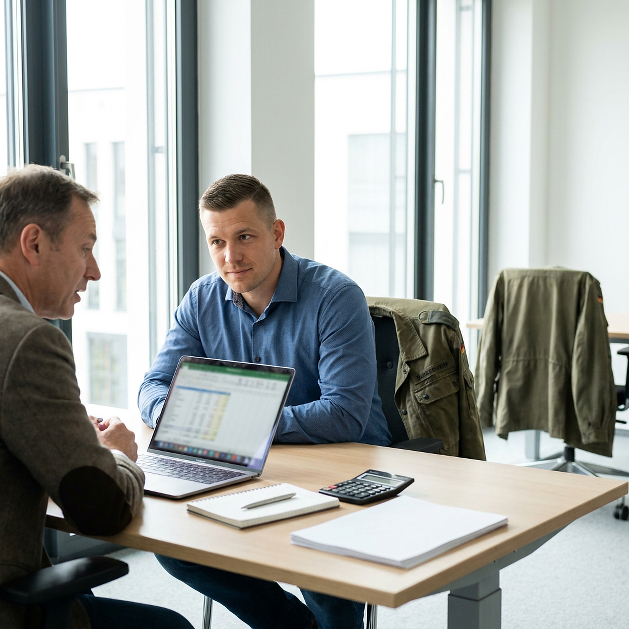 Gründungscoaching: Ein ehemaliger Soldat bespricht mit seinem Coach Businessplan und Zahlen, die Feldjacke hängt am Stuhl
