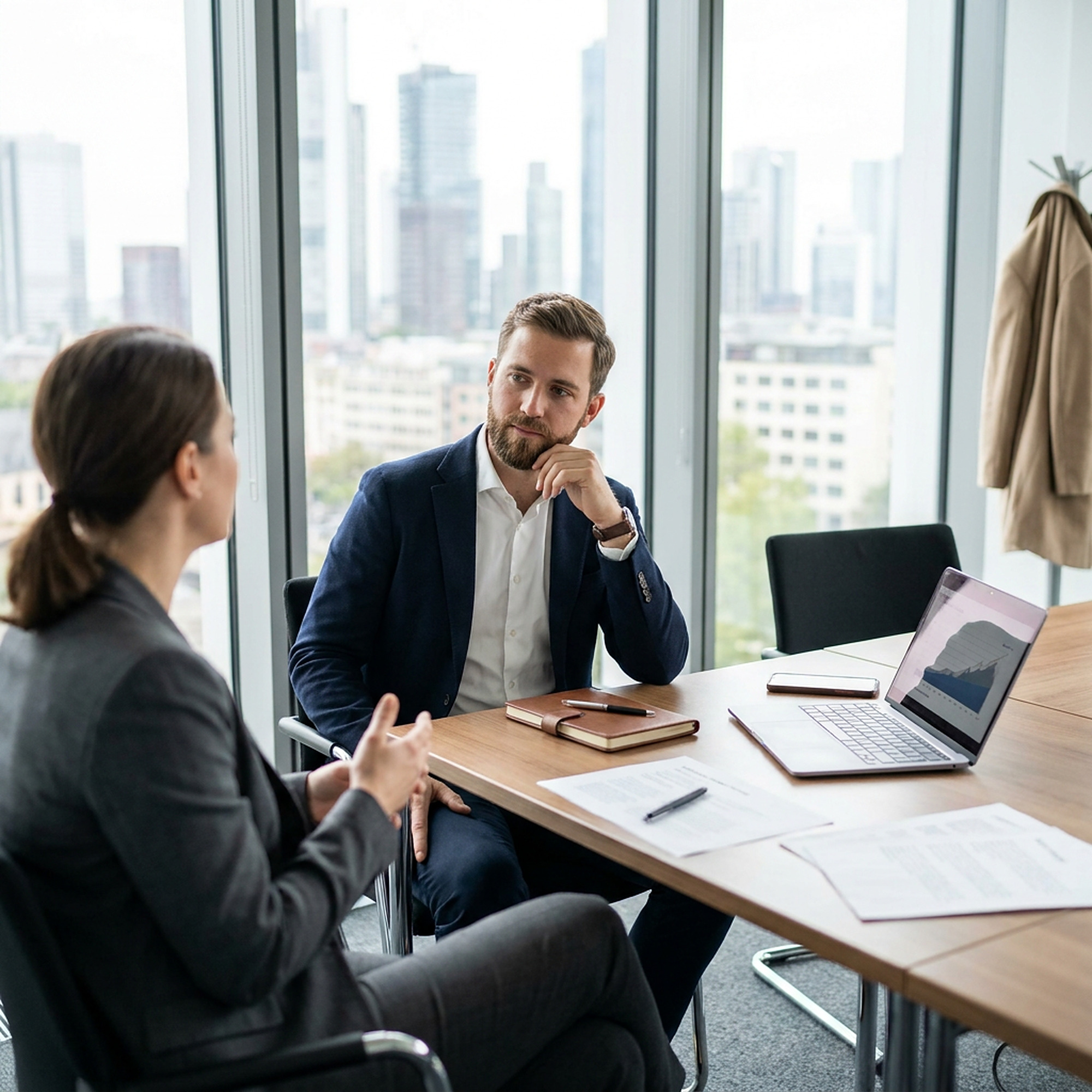 Vorstellungsgespräch in einem Büro über der Frankfurter Skyline: ein ehemaliger Soldat im Gespräch mit einer Personalerin