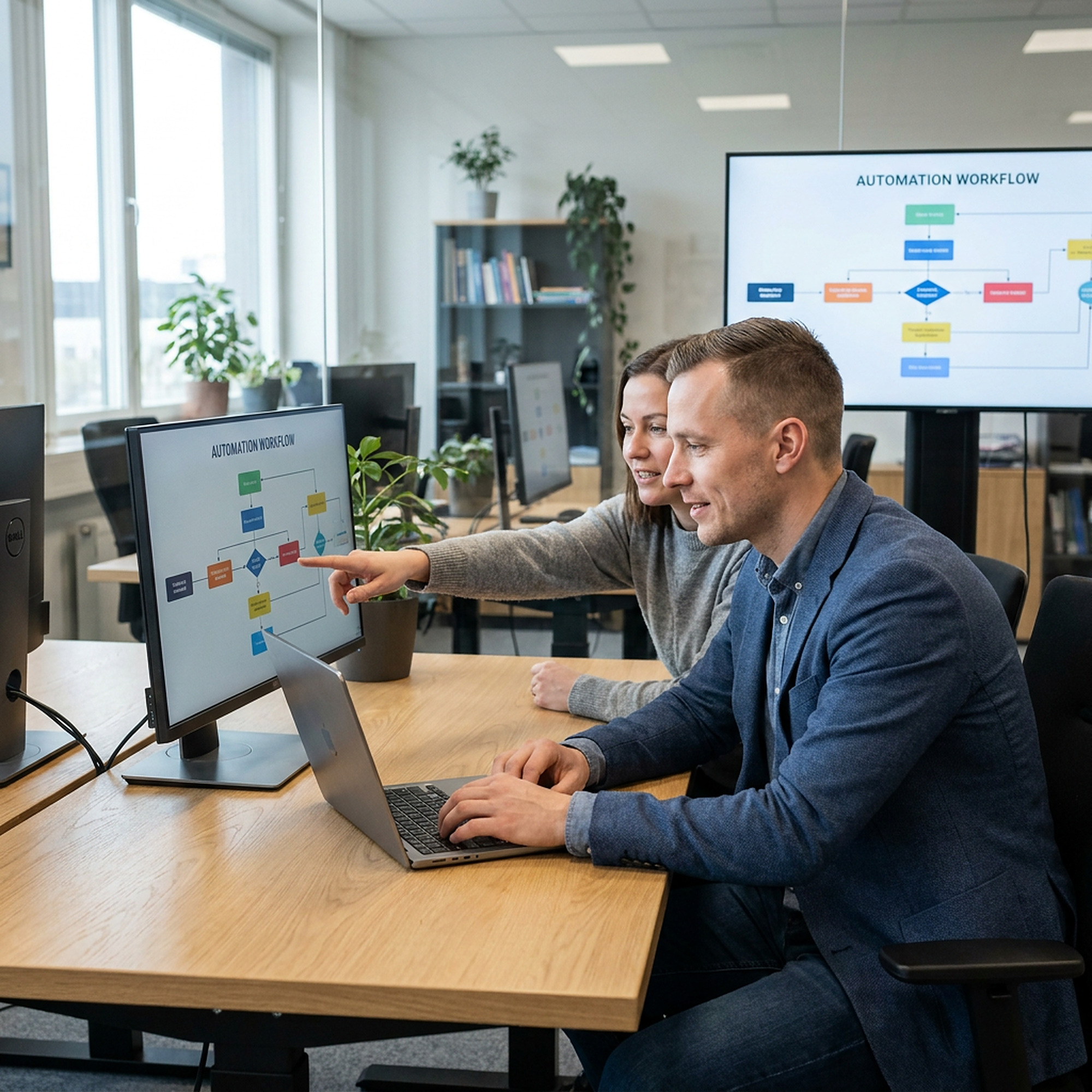 KI-Coaching: Ein ehemaliger Soldat baut mit seiner Coachin einen automatisierten Arbeitsablauf am Laptop