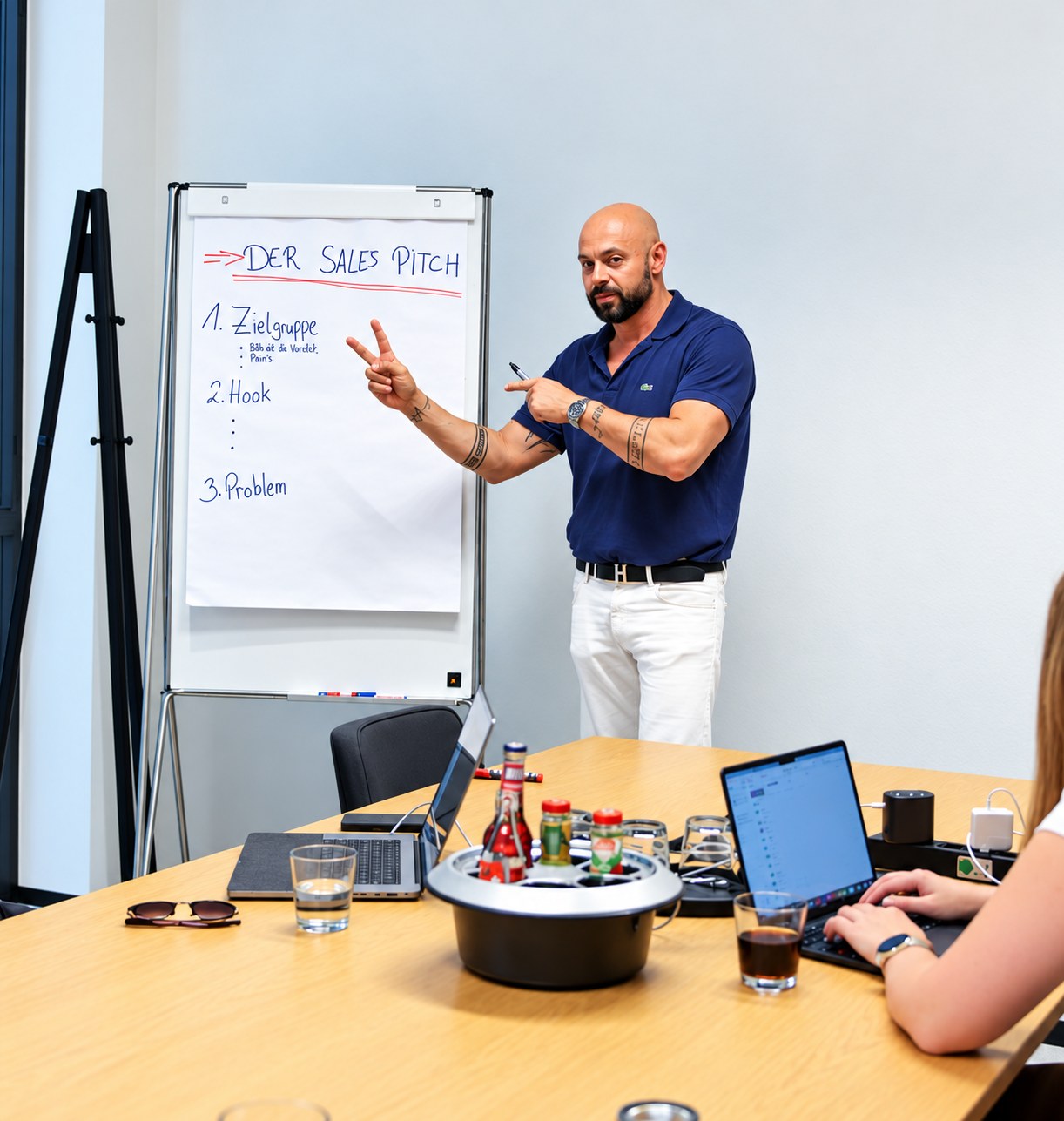 Michael Wild erklärt im Seminarraum am Flipchart den Aufbau eines Sales Pitch