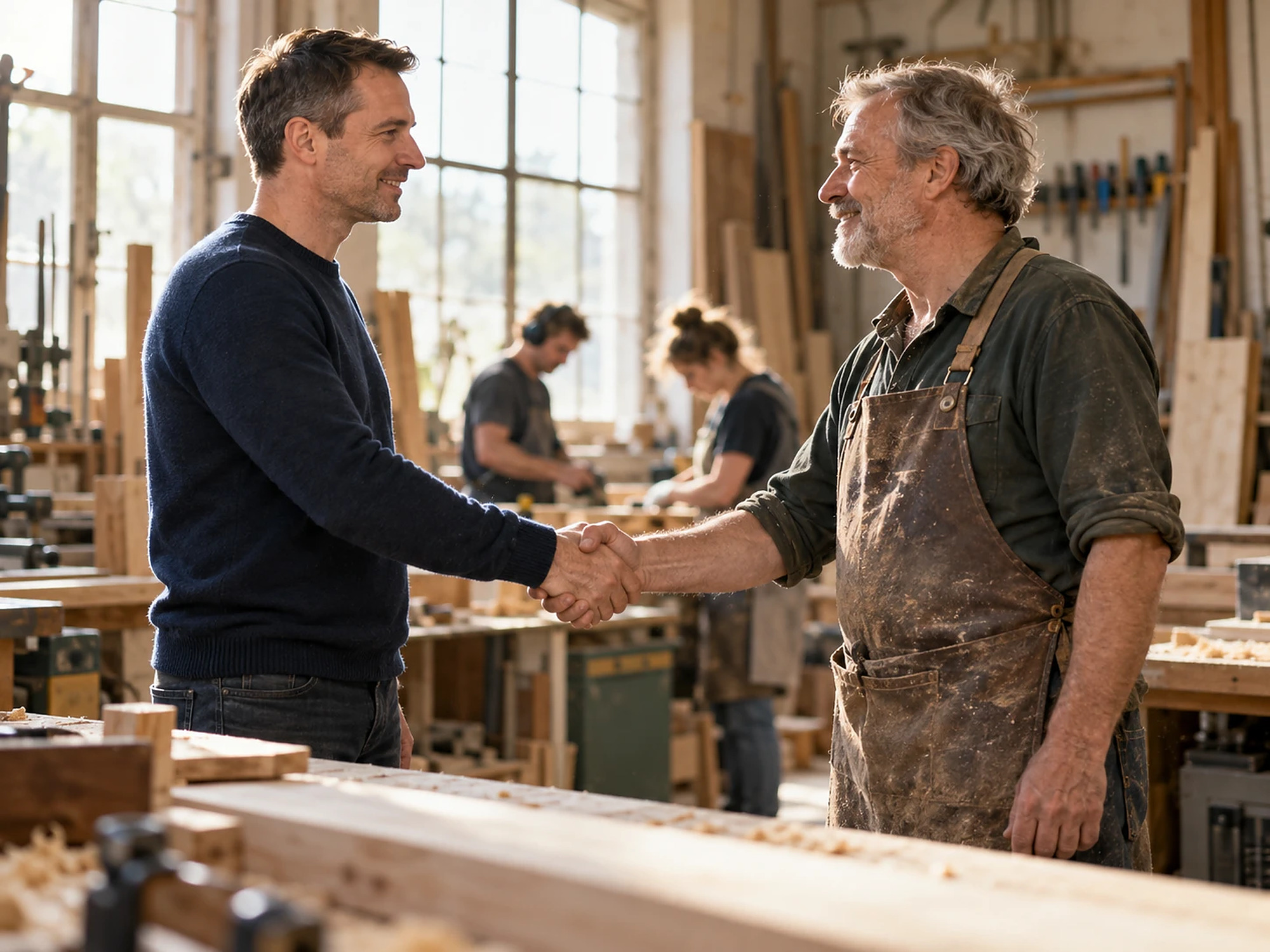 Handschlag in einer Tischlerei: Ein Nachfolger übernimmt den Betrieb vom erfahrenen Inhaber